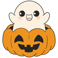 halloween cute ghost popping out of a jack o lantern in flat color cartoon style