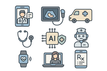 Digital healthcare icons representing telemedicine, AI diagnostics, emergency services, and medical monitoring in a modern setting