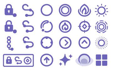 Purple tech UI icon set with locks, rings, arrows, and glowing elements