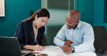 Finance, sign and business people with contract in office for b2b deal, legal advice or documents. Paperwork, lawyer and partnership in meeting with financial advisor, client or application agreement