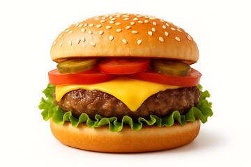 Juicy cheeseburger with fresh toppings isolated on white background