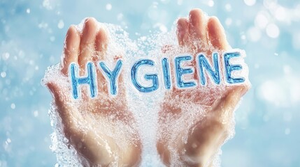 Fototapeta premium Two hands holding the word hygiene surrounded by bubbles and water, symbolizing cleanliness, care, and health awareness in personal hygiene practices and water safety