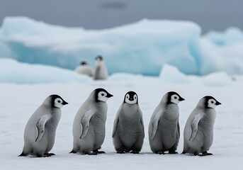 Fototapeta premium Adorable Group of Baby Penguins Standing on Snowy Ice