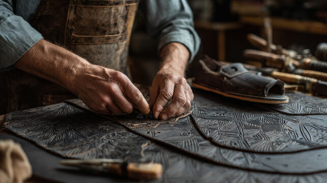 Male cobbler cutting leather templates for crafting shoes or bags, following detailed patterns