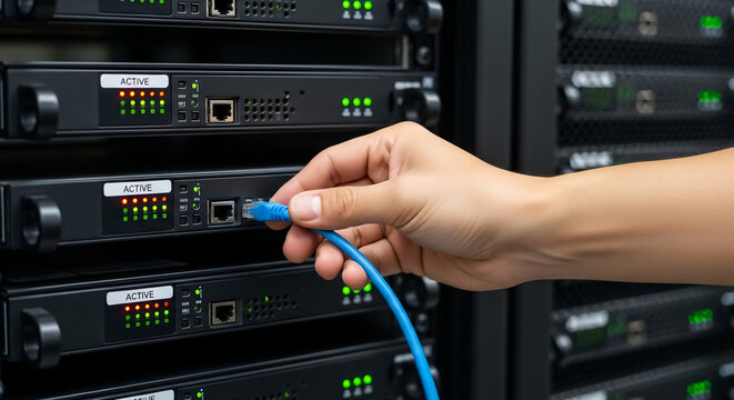 Computer technician connects network cables in server room. Man works with server equipment, fixes computer problems. Data center, internet, support, network engineer job, data protection, cyberspace.