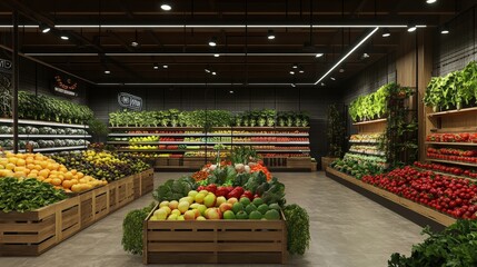 Fototapeta premium Fresh Produce Display in Modern Grocery Store with Colorful Arrangement of Fruits and Vegetables in Wooden Bins and Shelves for Healthy Eating Promotion