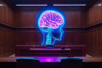 Justice and Cognition: Illuminated Brain Hologram in Courtroom, Legal Psychology Concept.