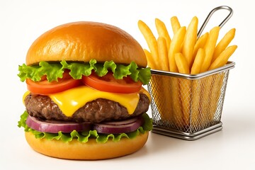 Juicy cheeseburger with crisp fries isolated on white background