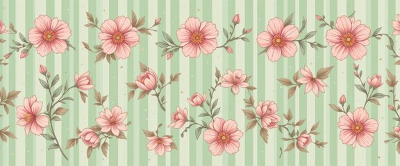 Vintage Pink flowers blossoms stripe pattern with soft green striped background. Vector watercolor hand drawn illustration. Ideal textile printing, baby clothes, wallpaper, scrubbing