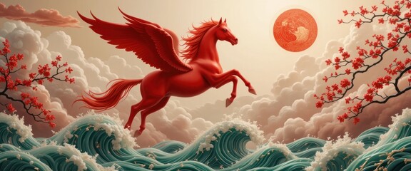 Majestic Red horse with wings flying to the sky in background with clouds and waves. asian Chinese 2026 New Year. Eastern horoscope animal for banner, poster, calendar, post, cards.