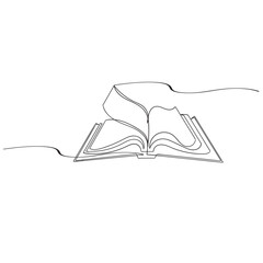 Opened book with flying page in one continuous line drawing. Education study and knowledge library concept in simple linear style. Editable stroke. Doodle vector illustration