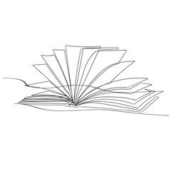 Opened book with flying page in one continuous line drawing. Education study and knowledge library concept in simple linear style. Editable stroke. Doodle vector illustration