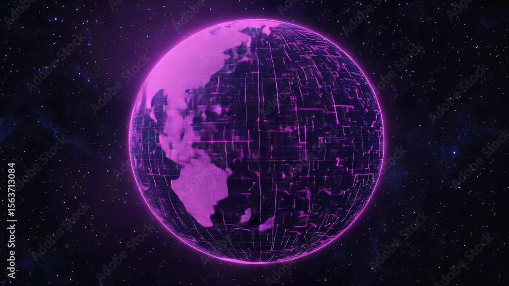 Poster a digital glowing sphere representing earth with intricate data networks on a starry background, pur
