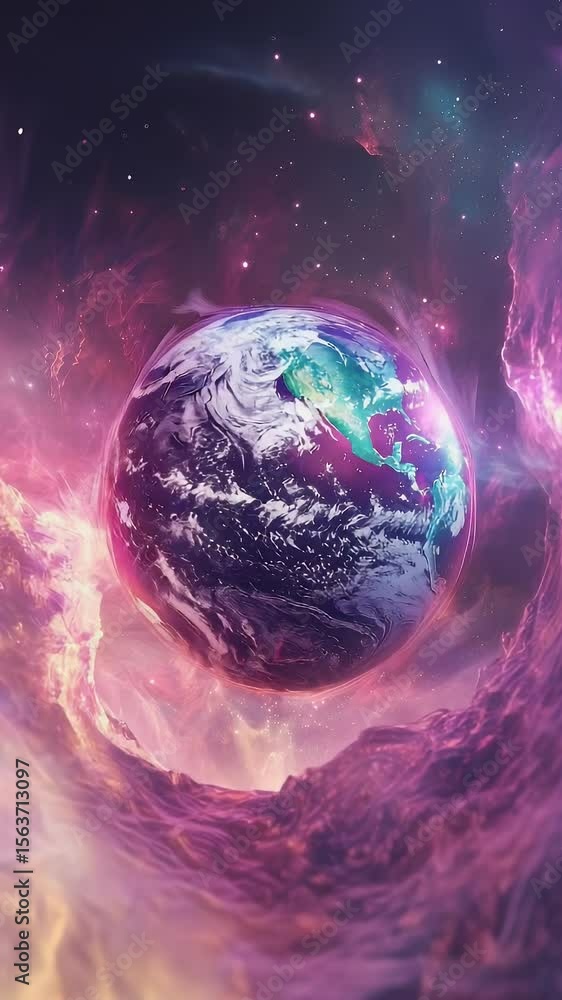 Poster digitized planet in cosmic nebula with shades of purple pink and yellow. digital art showing the pla
