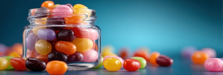 Colorful jelly beans in a glass jar surrounded by scattered candies on a blue background