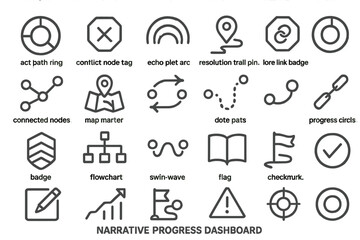 Narrative dashboard icon set with progress, map, and flow symbols