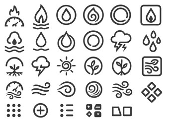Set of elemental icons with symbols for fire, water, earth, air, and energy