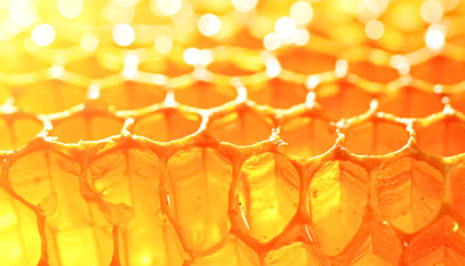 Glistening golden honeycomb with a sweet, natural aesthetic, perfect for backgrounds, food packaging, or illustrating the beauty of bee products.
