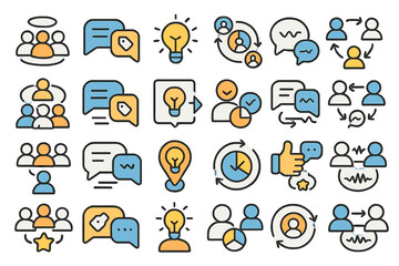Set of colorful icons representing communication, collaboration, and ideas.