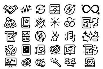 Set of black outline icons representing connections, love, and technology.