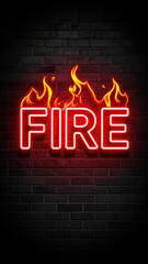 Fiery Neon Sign FIRE Brick Wall Background.