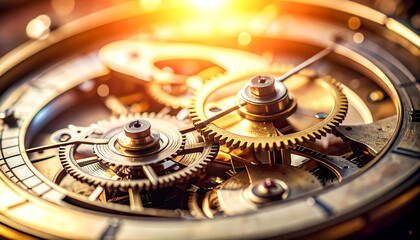 A close up view showcases intricate gold gears and mechanisms of an antique clock, symbolizing time and precision.