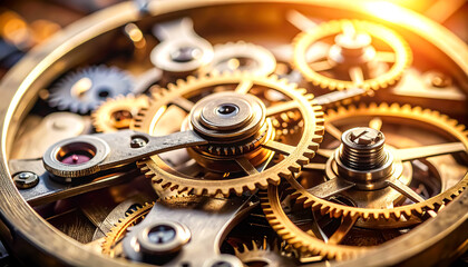 Intricate golden gears interlock within a clock mechanism, showcasing engineering and the passage of time, illuminated by a warm glow.