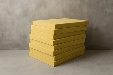 Stack of rigid foam insulation panels neatly piled in bare room indicating preparation for thermal barrier installation