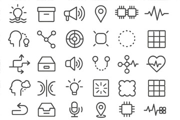 Fototapeta premium Outline icon set with tech, communication, and innovation symbols