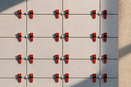 Ceramic wall tiles secured with leveling clips forming grid pattern during precise bathroom tiling work