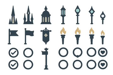 A collection of mystical and decorative vector icons featuring flags, torch lights, ornate poles, and circular symbols. Ideal for game design, UI elements, and fantasy-themed projects.