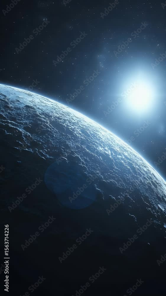 Poster a digitally crafted depiction of a planet from space rendered in shades of blue with illuminated cit