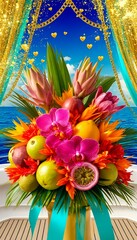Colorful tropical bouquet featuring exotic flowers, fruits, and golden accents, joyful mood against a seaside backdrop.
