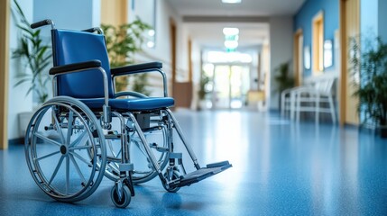Empty wheelchair placed in a serene hospital corridor, symbolizing accessibility, healing, and care in modern healthcare environment, inviting hope and comfort to patients