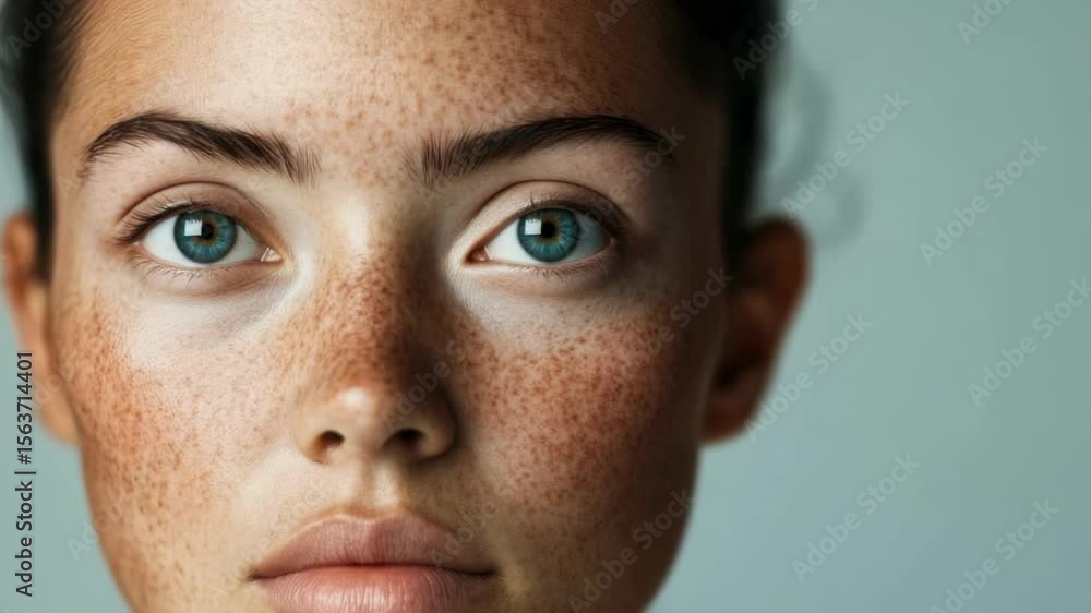 Poster close-up of person with freckles enjoying a peaceful moment in a serene setting during daylight hour