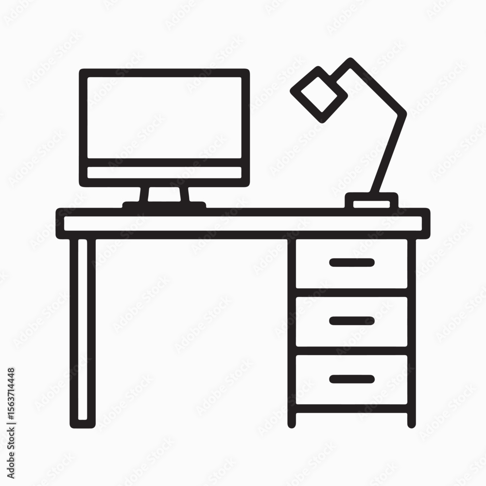 Poster modern desk setup clean line drawing of computer desk with monitor and desk lamp, ideal for workspac