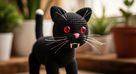 Adorable Crochet Black Cat with Fierce Red Eyes and Fangs