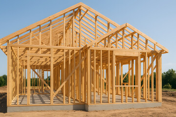 Timber house frame structure erected on foundation showing skeletal outline for new residential build