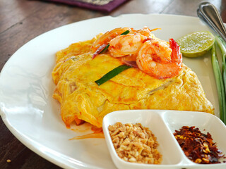 Pad Thai with Fresh Shrimp Wrapped in Egg