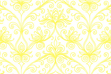 Delicate floral swirl pattern on a bright yellow background