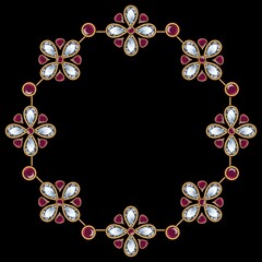 A circular frame made of precious stones. Jewelry, diamonds, precious stones as decoration in the circle.
