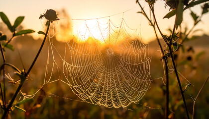 Dew glistens on a spiderweb at sunrise, a delicate scene of nature's artistry in a golden morning light.