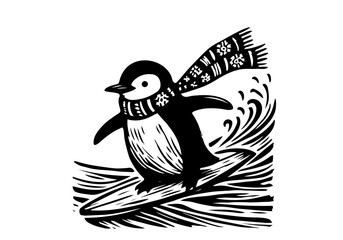 Animals Surfing Hand Drawn Natural Illustration Stylized as Linocut Vector Isolated by AZ for Books, Arts, Design and Decoration Graphic Asset