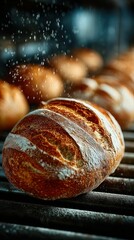 Freshly baked artisan bread cooling on a grill with a sprinkle of flour in a cozy bakery