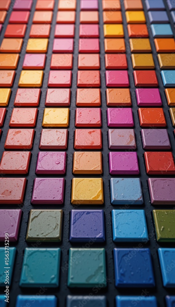 Poster chromatic cascade: an array of vibrant square tiles in gradient hues