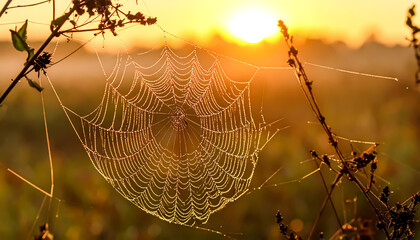 A shimmering spiderweb, glistening with dew drops, is illuminated by the soft glow of a vibrant sunrise in a field.