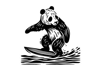 Animals Surfing Hand Drawn Natural Illustration Stylized as Linocut Vector Isolated by AZ for Books, Arts, Design and Decoration Graphic Asset