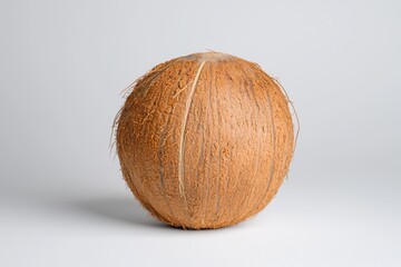 Brown Coconut with Fibrous Shell Isolated on Light Background for Culinary and Tropical Themes in Stock Photography