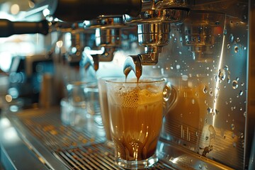 Premium Quality Visual of Frothy Drinks Pour From Machinery in Coffee Shop