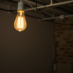 Single industrial filament bulb hanging from ceiling against dark backdrop providing temporary lighting in construction area